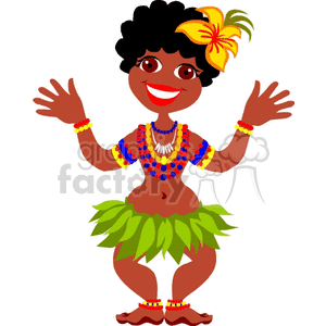 A cartoon character of a joyful dancer with a flower in their hair, wearing a green leaf skirt and colorful jewelry.