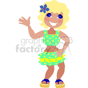 A whimsical cartoon character with blonde hair and a blue flower, wearing a green polka dot outfit and sandals, smiling and posing as if dancing.