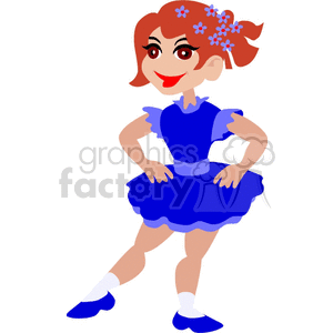 A cheerful female dancer in a blue dress with flowers in her hair, smiling with hands on hips.