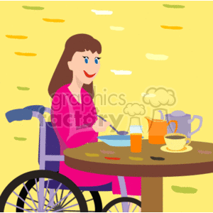 A Smiling Girl in a Wheelchair Up at a Table Eating