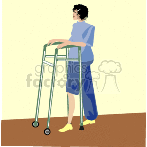The clipart image depicts a woman using a walker to aid her mobility. She appears to be in the process of rehabilitation or requiring assistance while walking due to a disability or injury. The lady is standing and leaning slightly on the walker, which has two wheels at the front.