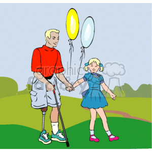 The clipart image depicts a man and a young girl outdoors. The man, to the left, has blond hair and is wearing a red T-shirt, grey shorts, sneakers, and uses a cane for mobility support. He appears to have a prosthetic leg below his left knee. To the right is a young girl with blond hair tied in pigtails, wearing a blue dress, white socks, and pink shoes. She is holding two balloons, one yellow and one white, with a happy expression on her face. Both individuals are facing each other, and it appears that the man is holding the girl's hand. They seem to be walking together in an outdoor setting with a grassy field and a slight hint of the sky in the background.