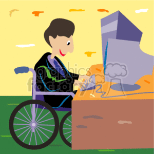 The clipart image features a person in a wheelchair working at a computer desk. The individual appears to be male, smiling, and engaged in his work. The setting suggests an inclusive or accessible work environment accommodating people with disabilities.