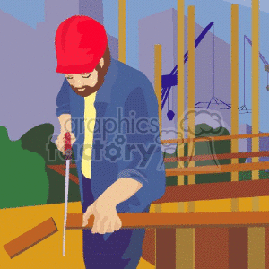 Construction Worker Cutting Wood with Saw