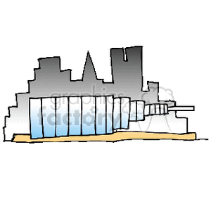 Clipart image of an urban skyline featuring various buildings and skyscrapers.