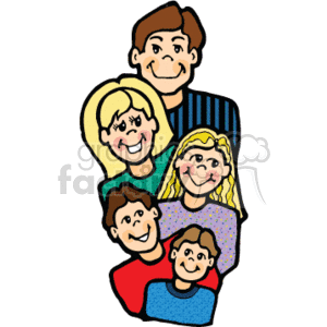 This clipart image shows a stylized depiction of a happy, country-style family. There are six members in the family: a father, a mother, a sister, a brother, and two kids. They are all smiling and appear to be close-knit and joyful.