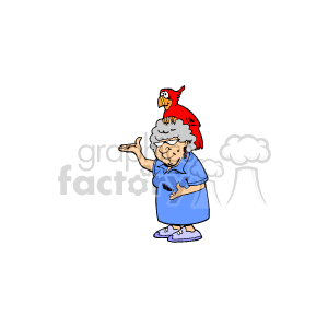 Senior lady with a parrot on her head