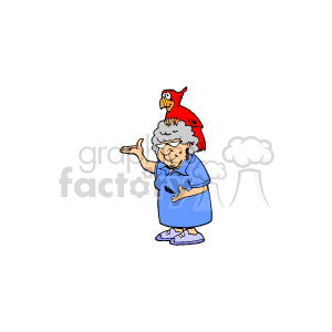The clipart image depicts a cheerful grandmother with a parrot on her shoulder. The grandmother appears to be smiling and is dressed casually in a blue dress, with three-fourth length sleeves and a white collar. Her gray hair is curly and frizzy. The bright red parrot is perched on her right shoulder and appears to be speaking or squawking while looking at the viewer.