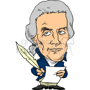 The image is a caricature-styled clipart of a person who appears to resemble Thomas Jefferson based on the hairstyle and period clothing. The character is holding a quill in one hand and a piece of paper in the other and is dressed in a colonial-era outfit—an indication of historical context.