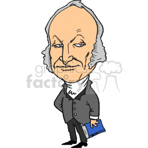 The clipart image features a caricature of a historical political figure who resembles the 6th President of the United States. He is depicted with exaggerated facial features, wearing a formal 19th-century suit with a bow tie, and holding a book or document. The character is standing upright with a stern look.