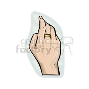 Clipart image of a hand with two crossed fingers wearing a ring.