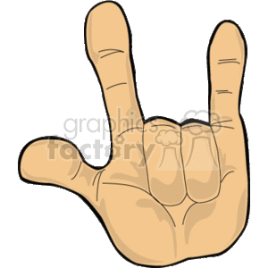 This clipart image depicts a hand gesture with the index and little finger extended upward and the middle and ring finger bent down toward the palm, with the thumb extended outward. It resembles the I Love You sign in American Sign Language (ASL), which combines the letters I, L, and Y from the ASL alphabet.