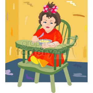 Toddler girl in a red dress with a bow in her hair eating in her high chair