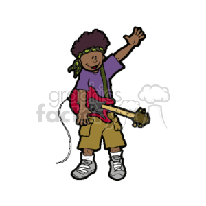 The clipart image depicts a young child with dark skin and afro-textured hair, who appears to be happily playing an electric guitar. The child is wearing a purple shirt, khaki shorts, and white shoes. The child is also waving with one hand.