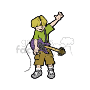   This clipart image depicts a cartoon of a child who appears to be happily playing an electric guitar. The child is wearing a green T-shirt, purple over-shirt, beige shorts, and gray sneakers. The child