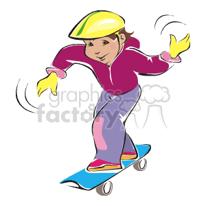 The clipart image features a girl riding a skateboard. She is wearing a helmet, elbow pads, and gloves for safety. The girl appears to be in motion, indicated by the lines around her hands and the skateboard.