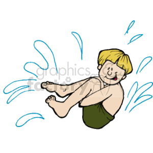 This clipart image shows a cartoon of a young boy performing a cannonball dive into water. Blue splash lines indicate the water's surface being disrupted by the child's action.