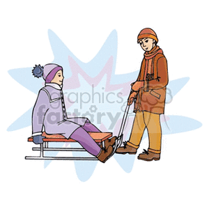 Boy pulling a girl on a sled