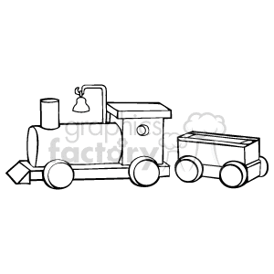 The image is a simple black and white clipart of a train. The train has an engine with a smokestack, a bell, and a cabin, and it is attached to one open-topped freight car. There are no people, kids, or visible details suggesting motion or scenery in this particular clipart.