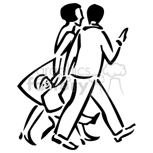   The image is a line drawing clipart of a family. It features two adults, presumably parents, walking side by side with a child in between them. The child appears to be swinging by holding onto the adults