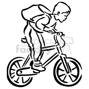   The clipart image shows a line drawing of a boy riding a bicycle. The boy appears to be leaning forward, pedaling, and focused on the path ahead. The lines are simple and outline the shape of the boy, his clothing, the bike
