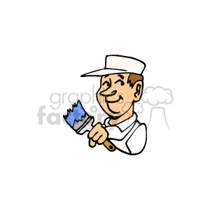 The clipart image depicts a male painter in a white uniform smiling and holding a paintbrush with blue paint. He appears to be ready to paint or is in the process of painting.