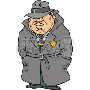 The clipart image depicts a stylized cartoonish figure of a private detective. The character is wearing a classic gray trench coat, a matching fedora hat, and a pair of trousers. He sports a stern expression, with heavy line work accentuating his features such as furrowed brows and jowls. The detective has a colorful tie and a badge attached to his coat, indicating his status as some sort of official investigator, possibly related to police or another law enforcement agency.