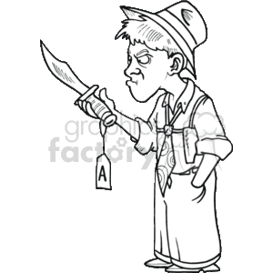The clipart image depicts a cartoonish figure resembling a private investigator or detective. The character is examining a knife, which has been tagged as A, indicating that it may be a piece of evidence in a crime investigation. The detective wears a hat, a tie, and what appears to be a long overcoat or trench coat, which is typically associated with investigators in popular culture. The expression on the character's face suggests concentration and careful observation.
