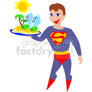 Illustration of a superhero holding an island with buildings, palm trees, and a sun.