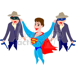 A superhero in a blue suit and red cape lifting two identical masked men wearing hats and jackets.