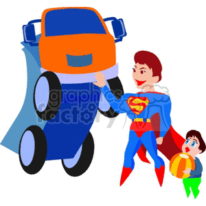 Clipart image of a superhero in a blue and red costume lifting a truck with a child looking on.