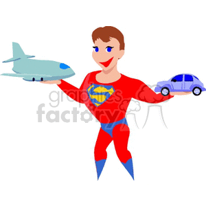 A cartoon superhero wearing a red and blue costume, holding a toy airplane in one hand and a toy car in the other.