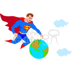 Clipart of a superhero with a red cape flying around the Earth, accompanied by clouds.