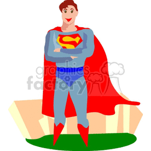 Clipart image of a superhero in a blue suit with a red cape standing confidently.