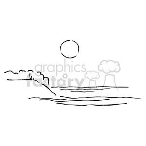 The clipart image features a simplistic representation of a coastal scene at night or during the early morning. The elements include a large sun or moon hanging in the sky, gentle waves on the ocean surface, and an indistinct landmass that could represent a cliff or coastal feature on the right side.
