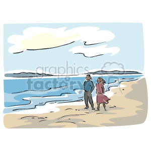 The clipart image shows a scene at a beach. Two people, most likely a man and a woman, are standing on the shore, looking out towards the ocean. There are waves coming in towards the sand. The sky is partly cloudy with large clouds overhead, indicating it might be a mostly cloudy day or that the weather could be changing. The color palette is subdued with mainly blues, grays, and beige tones.