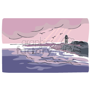   This clipart image features a serene coastal scene with a body of water that could be an ocean or a large lake. There is a beach depicted along the water