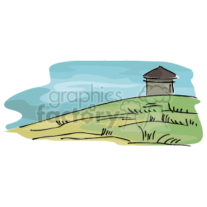 Coastal Landscape - Ocean, Hill, and Watchtower