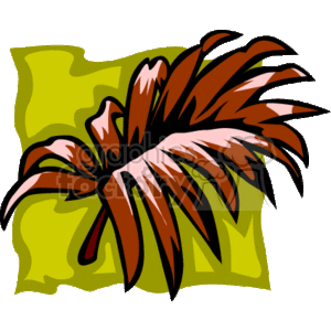 The clipart image features a stylized tropical Hawaiian flower. The flower, which appears to be a depiction of a hibiscus or something similar, is brown with pink accents at the center. Its leaves and petals have a dynamic, flowing design, indicating movement or a gentle breeze. The flower is set against a backdrop of green foliage, suggesting a lush tropical environment.