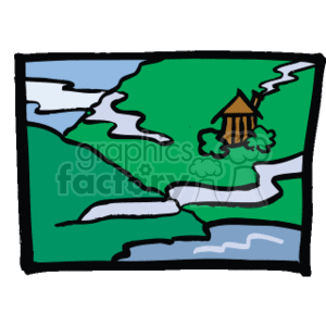This clipart image shows a stylized, simple landscape featuring a river or stream flowing through a hilly area with a single cabin or house nestled among what appears to be trees. The perspective seems to be from an elevated viewpoint looking down onto the scene.