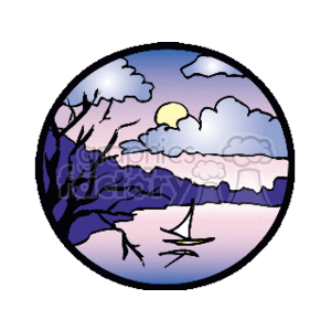 The clipart image depicts a scenic evening landscape within a circular frame. In the foreground, there is a dark silhouette of a barren tree branch. Behind it, a body of water is visible, likely a lake or river, reflecting the colors of the sky. A single sailboat is seen on the water, suggesting recreational or peaceful activity. A soft twilight sky is filled with clouds and a hint of a setting or rising moon or the sun is also present in the backdrop. The colors suggest it's either dusk or dawn, creating a serene atmosphere. Mountains are not distinctly visible in the image.