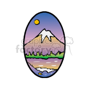 The image depicts a stylized landscape within an oval frame which includes a mountain with a snow-capped peak, hills, a section that appears to be a forest or woods with greenery, and a body of water in the foreground. The backdrop includes a sky with a gradient of colors, possibly suggesting sunrise or sunset, and a small yellow circle that could represent the sun or moon.