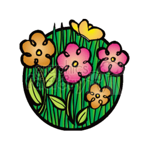 The clipart image shows a stylized and colorful depiction of a field of flowers. There are various flowers in shades of pink and brown with green leaves and stems set against a round backdrop that suggests a field or outdoor setting. A single yellow butterfly appears to be either landing on or taking off from one of the flowers.