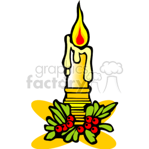 The clipart image depicts a lit candle with melting wax, surrounded by a wreath of holly leaves and berries, which are traditionally associated with Christmas. The image has a cheerful and festive look, suitable for holiday themes.