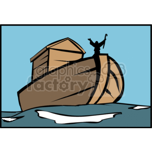 The image depicts a stylized representation of Noah's Ark based on the biblical narrative from the Old Testament. In the image, there's a large wooden ark with a person standing on the bow, arms raised possibly in triumph or praise. The ark appears to be floating on water with a few patches of white, which may represent small icebergs or debris. The background is a simple light blue, indicating the sky.