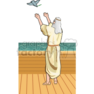 The image depicts a religious scene based on the biblical story of Noah's Ark. It showcases an older man, presumably Noah, dressed in a robe, standing on the deck of an ark, reaching out to a dove that is flying towards him. The background suggests they are at sea with the water's surface visible and the sky above. The overall image conveys a feeling of hope and anticipation.