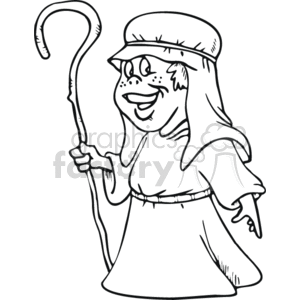 A cartoon illustration of a shepherd holding a staff, wearing traditional attire.