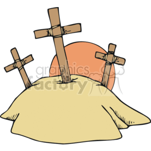 The image is a simple clipart depicting three wooden crosses on a hill with what appears to be a setting or rising sun in the background. This scene is often associated with Christianity, symbolizing the site of the crucifixion of Jesus Christ and the two thieves crucified alongside him.