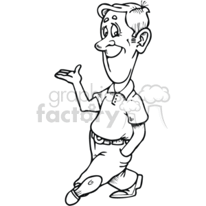 The clipart image shows a stylized drawing of a man who appears to be standing and gesturing with one hand, as if explaining something or presenting. There are no obvious religious symbols in the drawing that would indicate he is a priest or connected directly to Christian religion, aside from the keywords provided. He is smiling, and dressed in casual attire, with a buttoned shirt and pants.