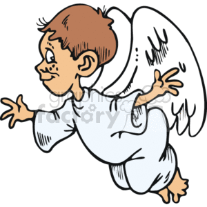 The clipart image depicts a cartoon representation of a young angel. The angel has a pair of large, outspread white wings and is wearing a simple white garment. It appears to be flying or reaching out towards something with a focused expression on its face. The style is simple with outlined strokes and limited shading, typical for clipart intended for casual use, possibly in educational material or religious content related to Christianity.